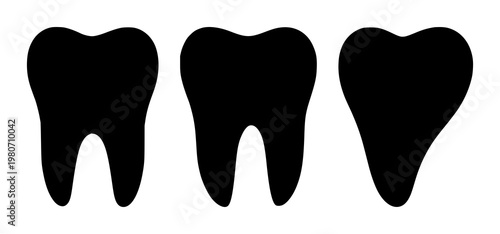 Tooth silhouette set with simple line icon rendering featuring dentistry, oral hygiene, tooth anatomy with white and black background and minimal design