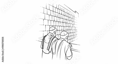 Two men in religious attire stand before a stone wall, hands out of view