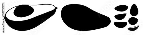 Avocado set with half fruit and seed silhouette featuring healthy eating, vegetarian food, organic fruit with nutritional value and dietary fiber