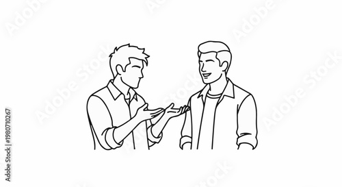 Two men in casual shirts conversing, one gesturing with open hands