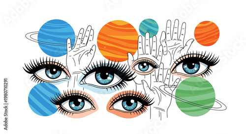 Eyes with planets and hands around.