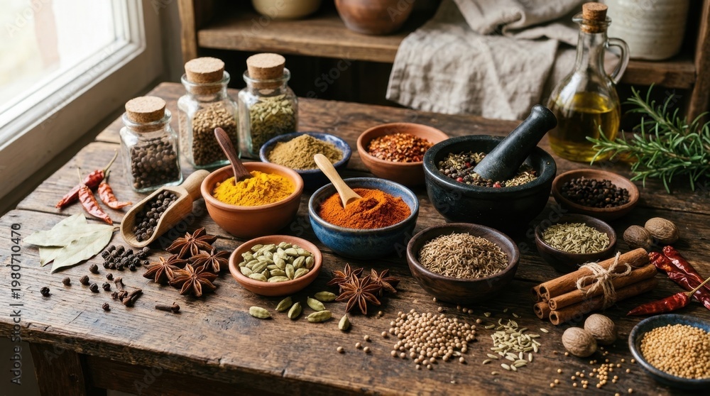 Fototapeta premium Various spices displayed in an artistic arrangement, different shapes and colors including powders and whole seeds, subtle shadows enhancing depth, composition visually rich and