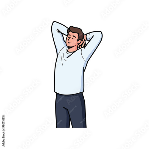 Man stretching arms up smiling.