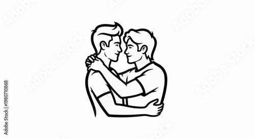 Two men embracing, looking into each other's eyes with smiles