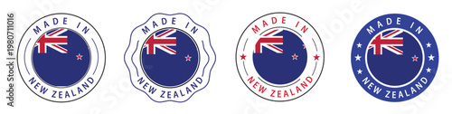 Made in New Zealand Round Stamp Badge Icons Set with New Zealand Flag Vector