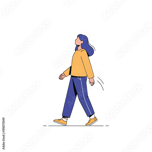 Woman walking alone on white background.
