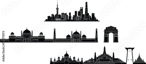 World landmarks collection with Asian temples pagodas Indian monuments Mexico City skyline and St Peters Basilica black vector illustration silhouette set