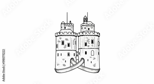 Two medieval towers with arched openings and connecting ramparts