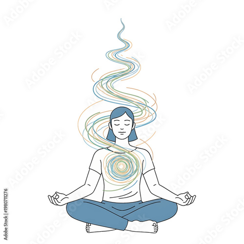 Woman meditates in lotus position calmly.