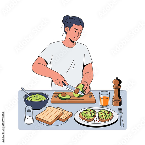 Man slicing avocado on cutting board.