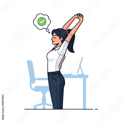 Woman stretching at office desk happily.
