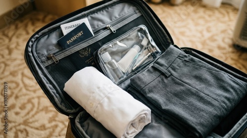 A close-up macro shot looking directly into an open suitcase from above, one corner of the interior in sharp focus showing a precisely rolled white shirt beside a