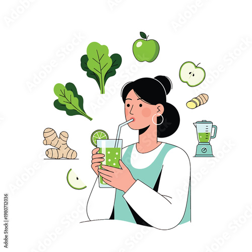 Woman drinking green juice with straw 1.