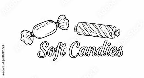 Two line-art candies, one wrapped, one twisted, with text