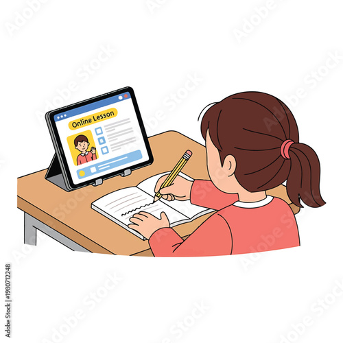 Girl doing online school work.