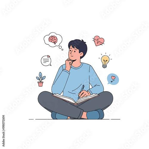 Young man thinking with notebook.