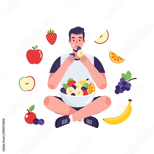 Man eating fruit sitting on floor 1.
