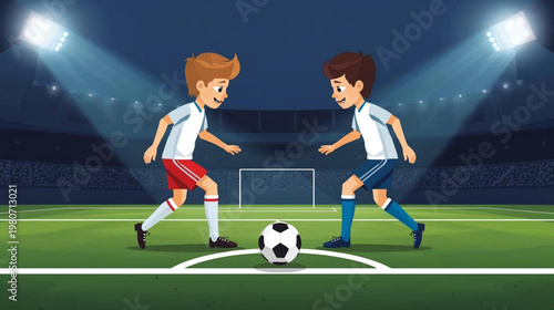 cartoon illustration of Two kids soccer players standing on a field facing off over a black-and-white soccer ball