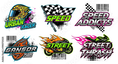 Collection of motorcycle racing and street bike graphic designs.