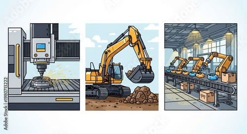 Industrial machinery and construction equipment illustration collage.