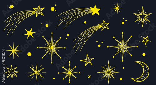 Golden Stars And Meteors On Dark Night Sky For Astronomy And Magic Concepts