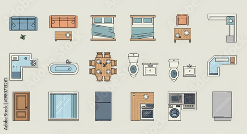 Collection of flat design furniture and home appliance icons.