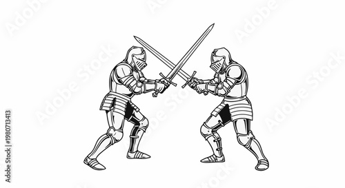 Two knights in full armor duel with swords crossed, a classic confrontation