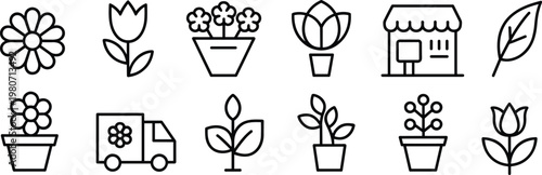 Collection of Simple Outline Icons for Flowers Plants and Floral Services on White Background Keywords: flower, tulip, plant, leaf, pot
