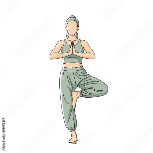 Woman in yoga tree pose standing.