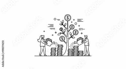 Two people watering a money tree with coins, symbolizing growth and investment