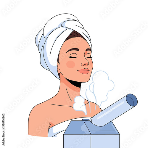 Woman Using Facial Steamer Device.