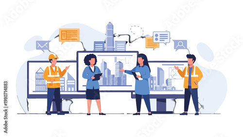 Building blueprints and Project Team Collaboration: A modern illustration shows a project team collaborating, using advanced digital tools to examine construction blueprints and real estate data.
