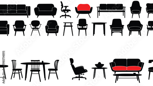 Collection of Furniture Silhouettes Including Chairs Tables Sofas and Office Seating, set of chairs and tables
