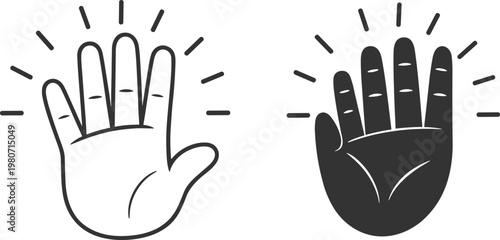 Two hands giving high five with radiating lines in outline and solid fill on white background Keywords: high five, greeting, success