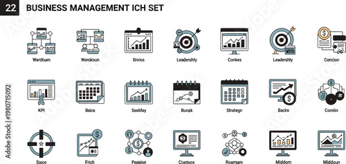 Business management KPI dashboard leadership strategy targeting analytics workflow planning corporate performance colored outline vector icon set collection
