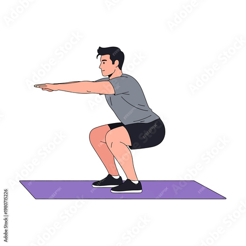 Man doing squat exercise with arms out.