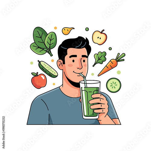 Man drinking green juice with straw.