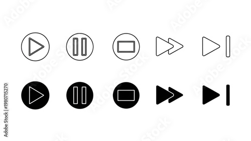 Media Control Icons Set Outline and Filled Style Play Pause Stop Next Previous Vector UI Minimal Grid Pack