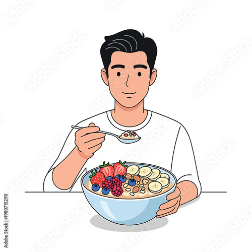 Man eating bowl of oatmeal fruit.