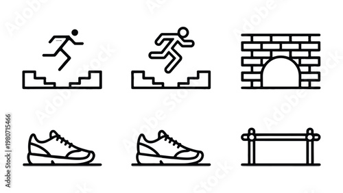 Conceptual Hurdles: An illustration of a runner navigating challenges, using iconic symbols of a running track, stairs, obstacles, and running shoe