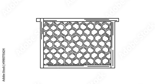 Illustration of a beehive frame showcasing hexagonal honeycomb structure, black and white, detailed line art on white background