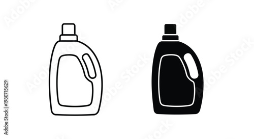 Minimalist vector graphic set showing two laundry detergent bottles in outline and solid black style designs