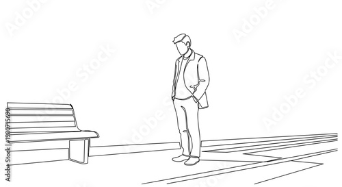 Line art illustration of a man waiting at a station platform, gazing down with hands in pockets, next to an empty bench, minimalist black and white style