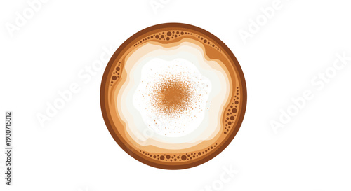 Top view of a cappuccino with a dusting of cinnamon on frothy milk, isolated on a white background
