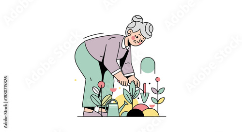 Elderly woman joyfully engaged in gardening, tending to colorful plants with a watering can, in a charming illustration with soft pastel colors and a white background