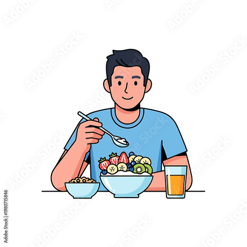 Man eating breakfast with fruit bowl.