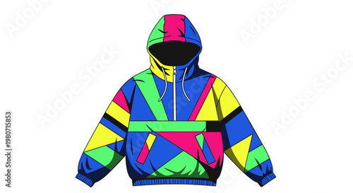 Colorful geometric windbreaker with a hood featuring vibrant patterns and bold color blocks on a white background