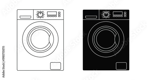 Front loading washing machine vector illustration set showing outline and solid black icon designs