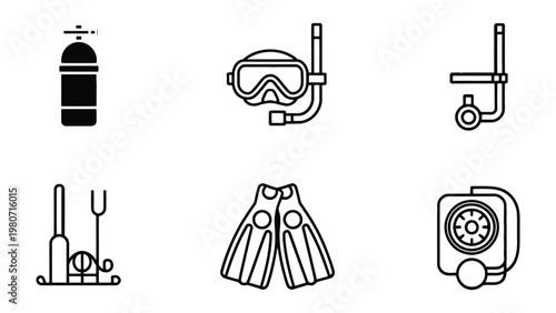 Essential Diving Gear: A collection of meticulously crafted line art illustrations showcases a comprehensive set of diving equipment, from oxygen tanks and masks to fins and propulsion systems.