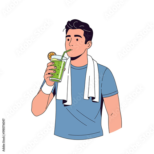Man drinking green juice with towel.